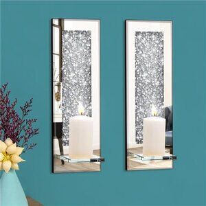 Crystal Crush Diamond Wall Candle Holder Set of 2, Rectangle Silver Mirrored
